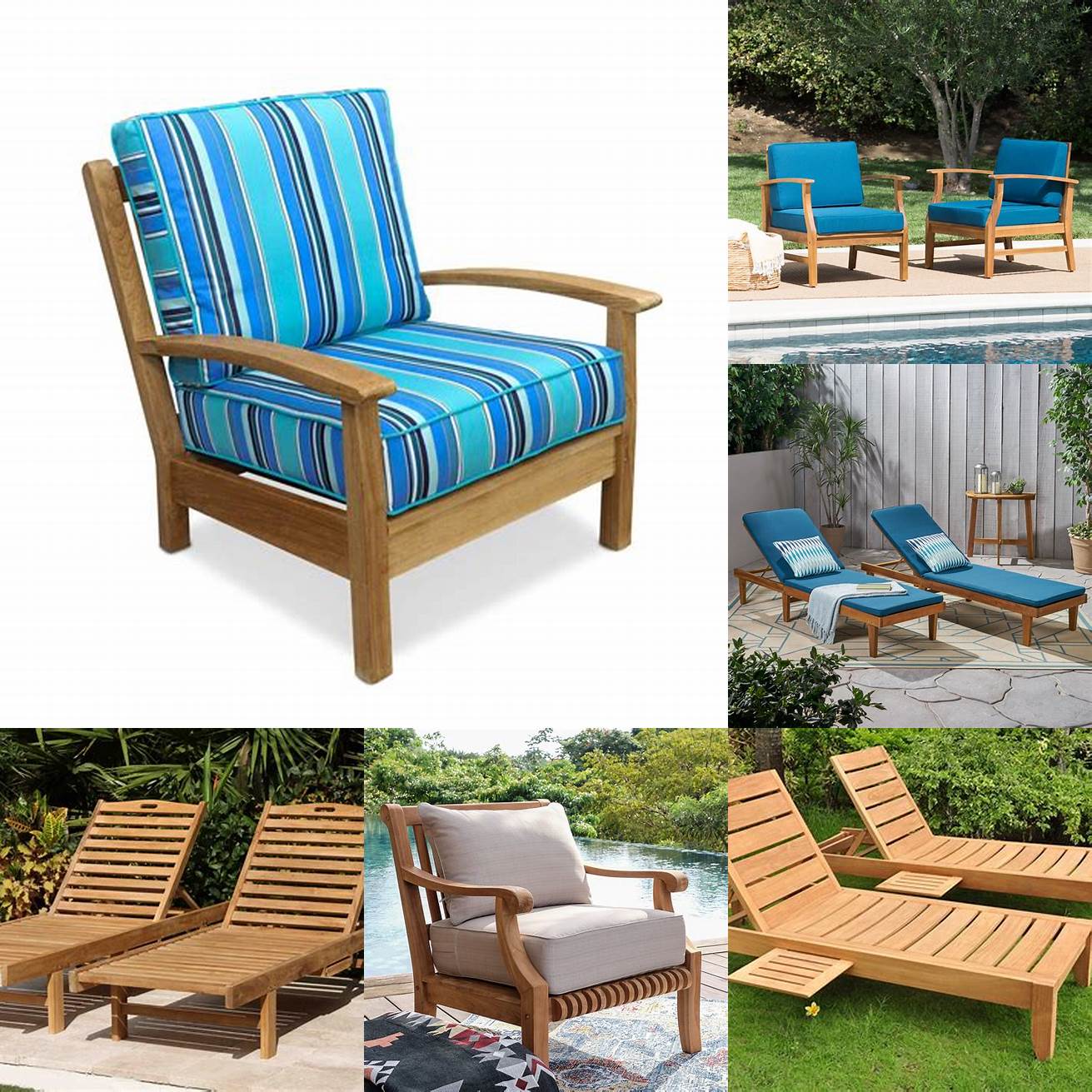 Teak wood lounge chairs with blue cushions