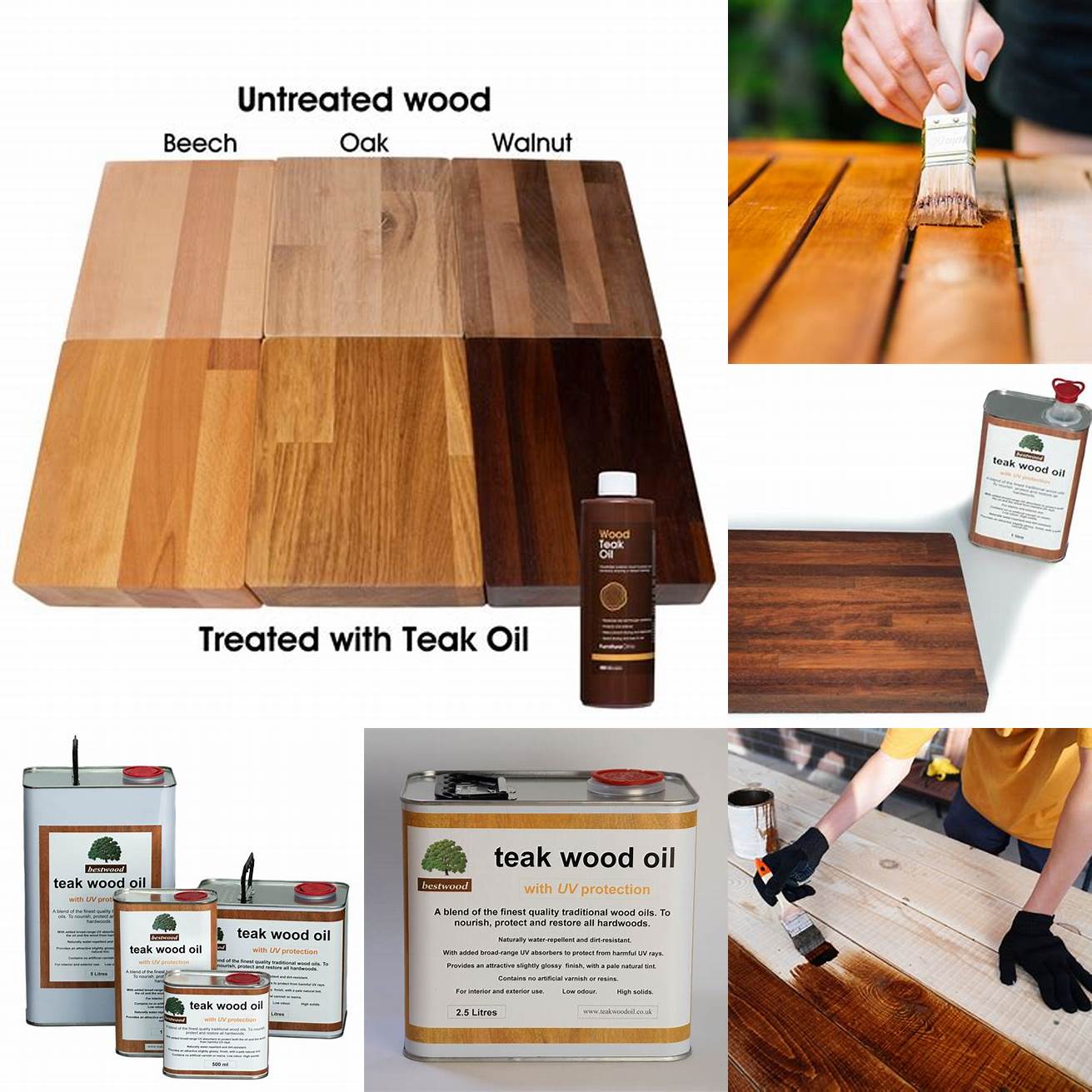 Teak wood oil being applied to different types of wood