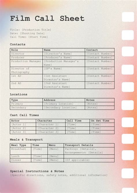 Template Call Sheet Film