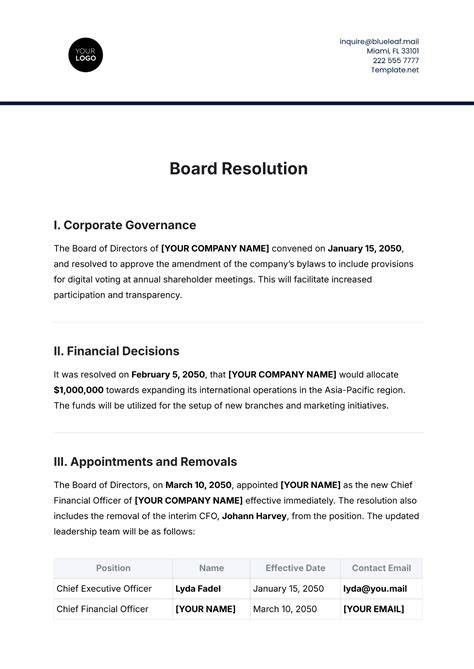 Template For Board Resolution