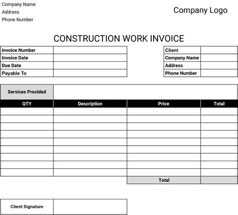Template For Construction Invoice