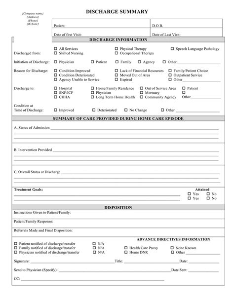 Template For Discharge Summary
