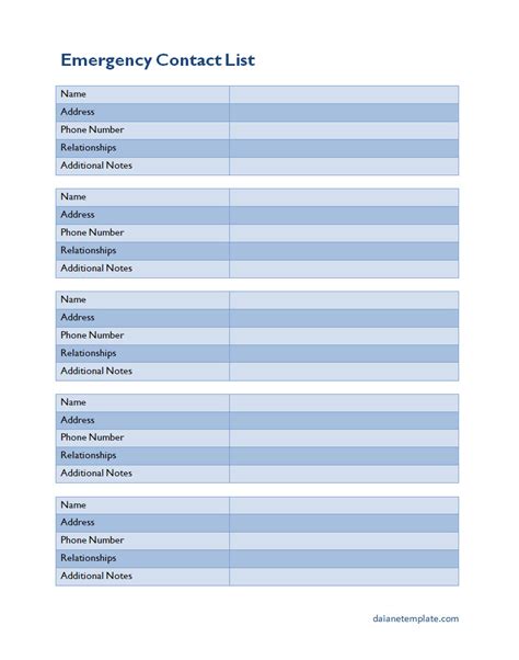 Template For Emergency Contact List