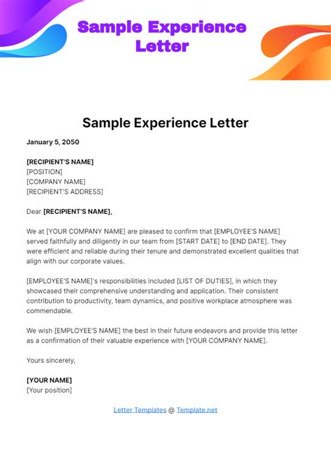 Template For Experience Letter
