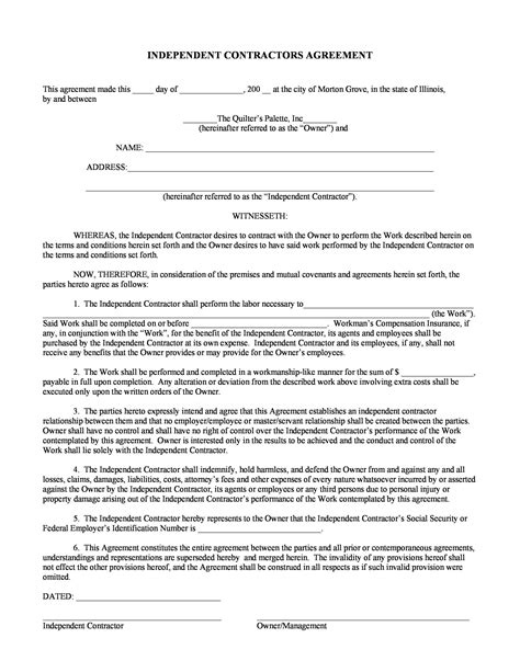 Template For Independent Contractor Agreement