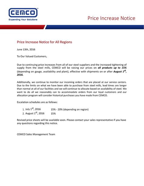 Template For Price Increase