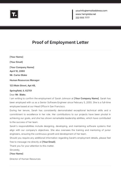 Template For Proof Of Employment Letter