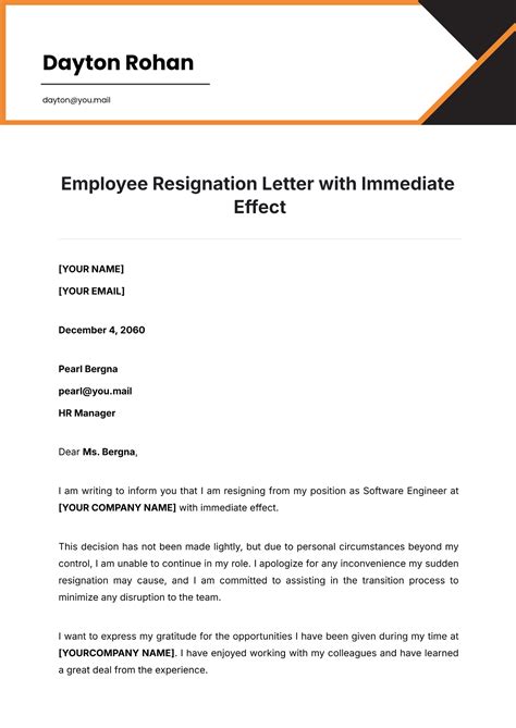 Template For Resignation Letter With Immediate Effect