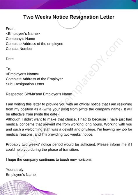 Template For Two Week Notice Letter