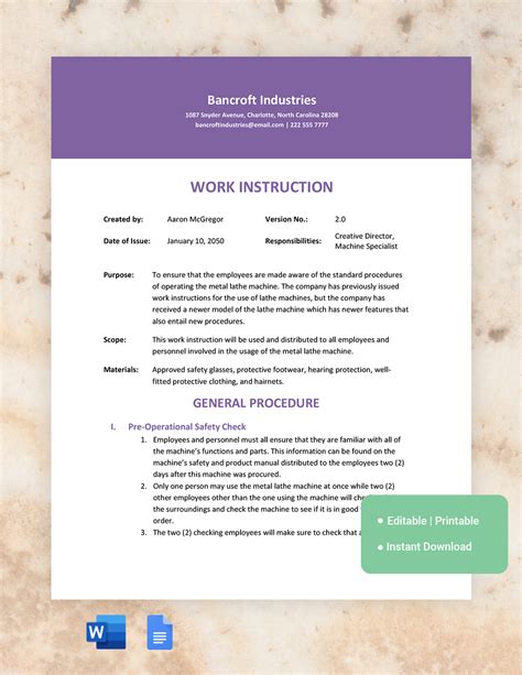 Template For Work Instructions