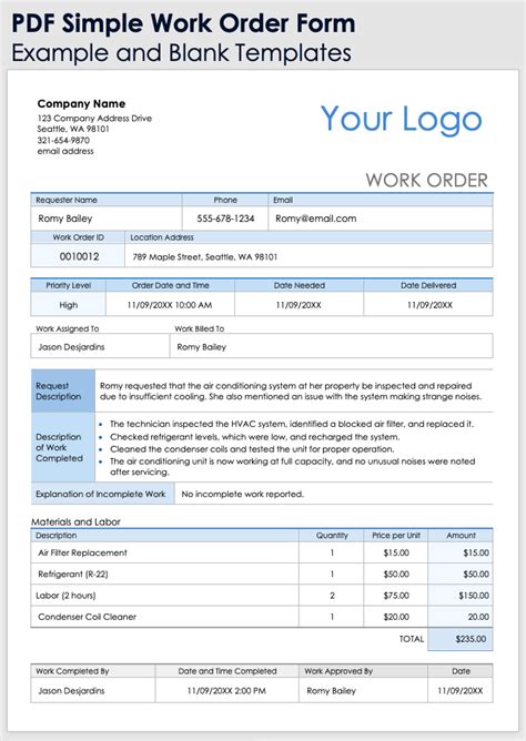 Template For Work Order