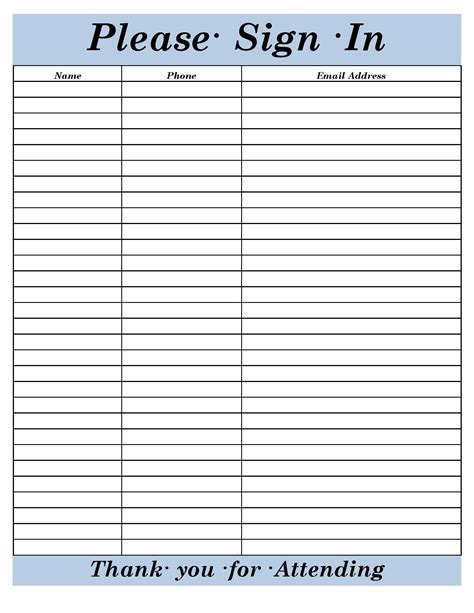 Template Of Sign In Sheet