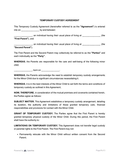 Temporary Custody Agreement Template