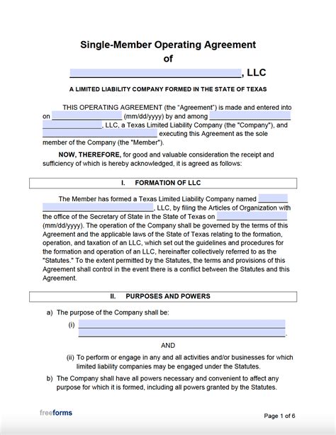 Texas Single Member Llc Operating Agreement Template