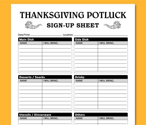 Thanksgiving Dinner Sign Up Sheet Template