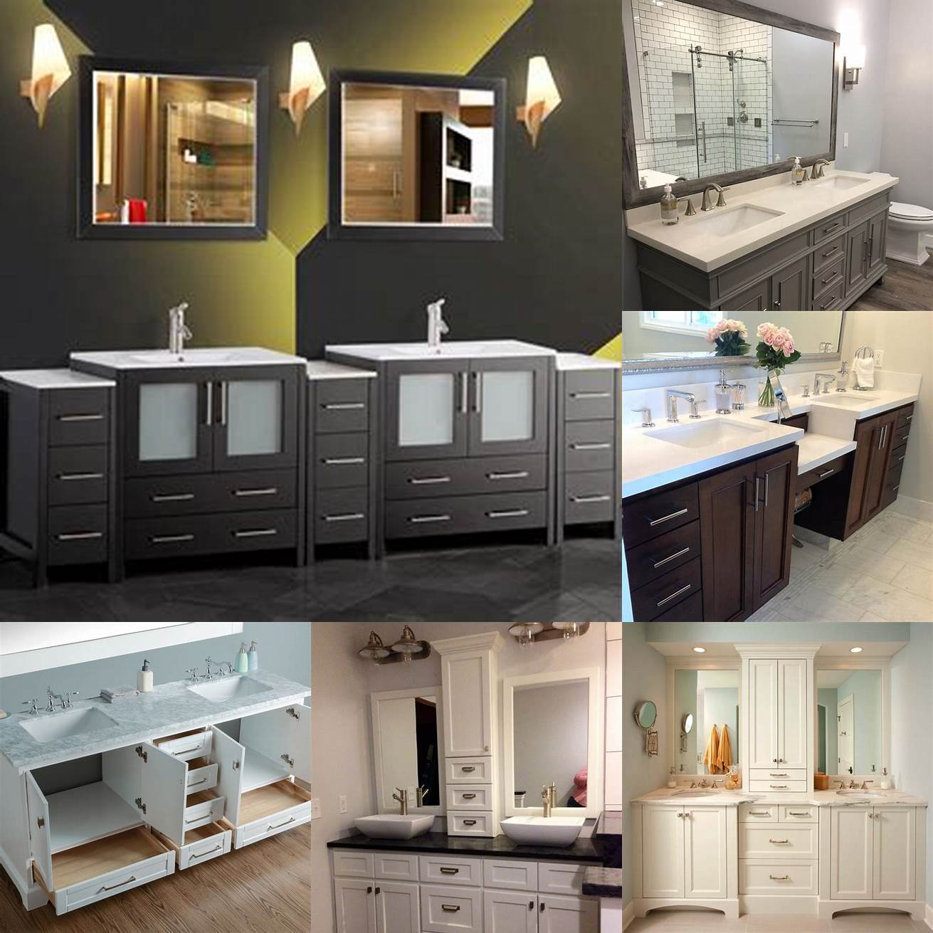 Think About Storage Look for a dual sink bathroom vanity with ample storage space for your toiletries and other bathroom essentials