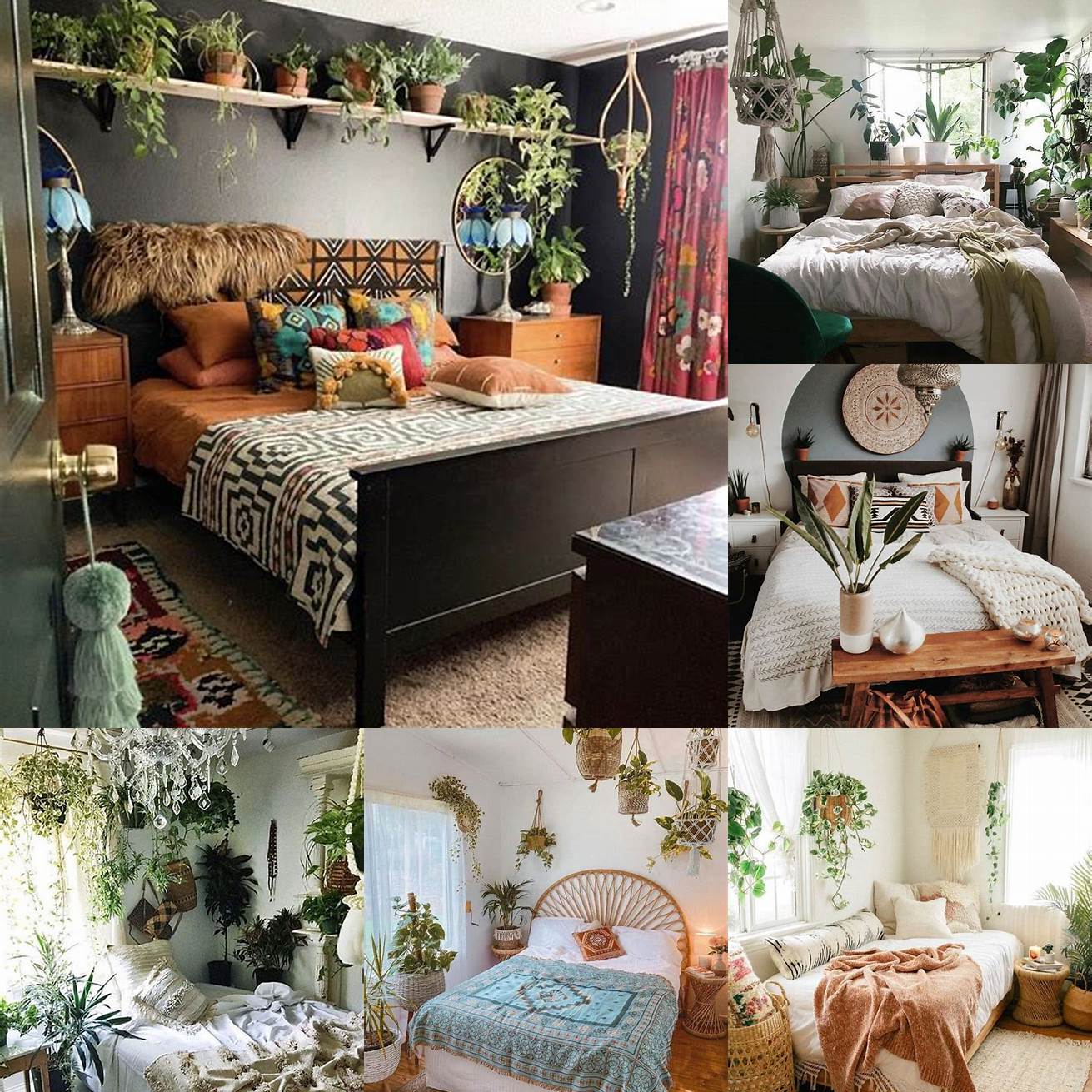 This boho-inspired bedroom includes plants and a tapestry to create a relaxed and laid-back atmosphere