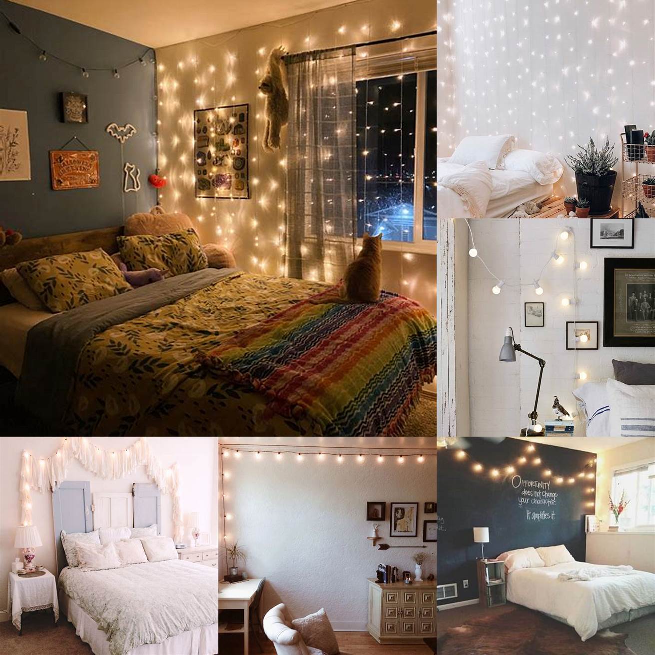 This colorful bedroom uses string lights to add a cozy and inviting touch to the space