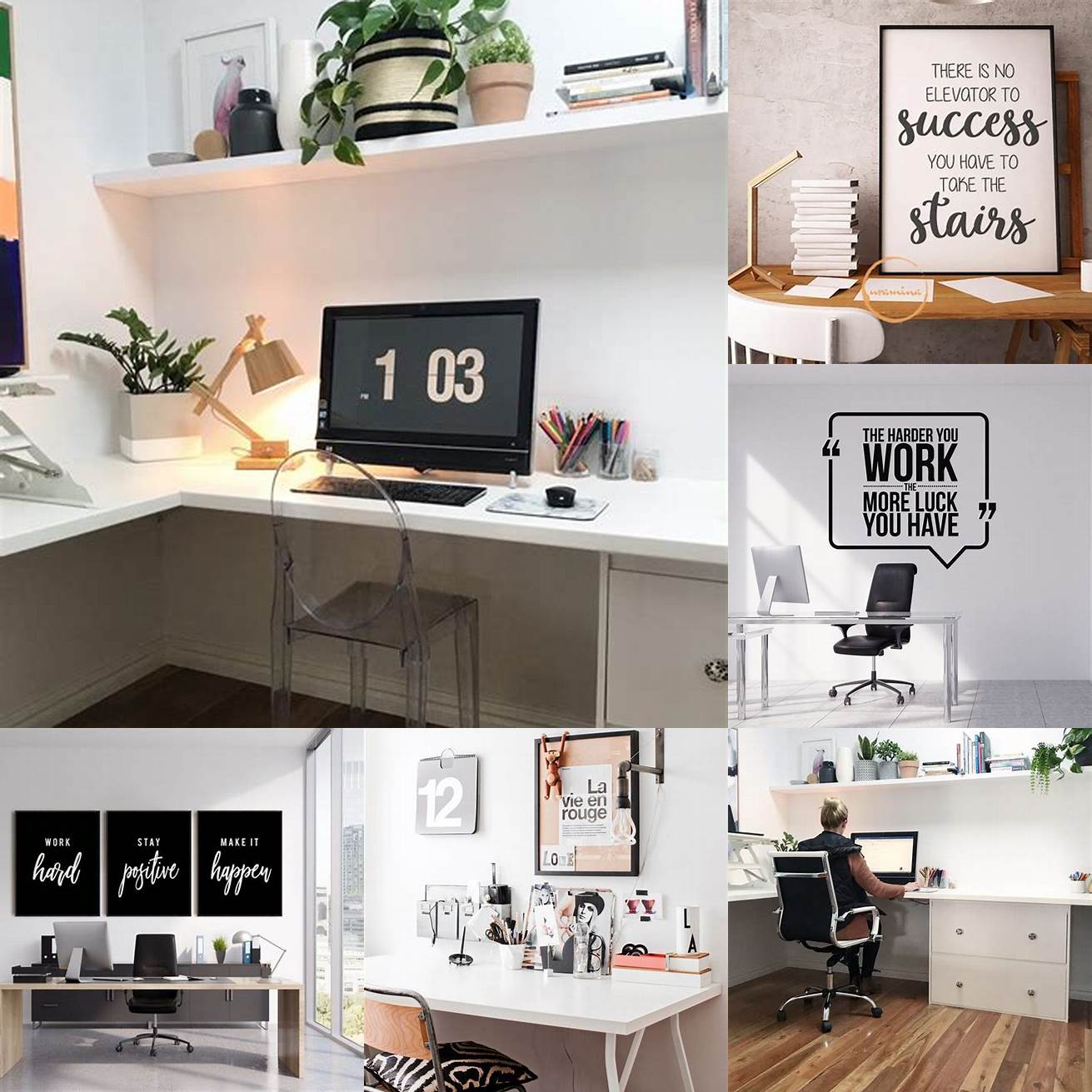 This desk includes string lights and inspirational quotes to create a motivating and inspiring workspace
