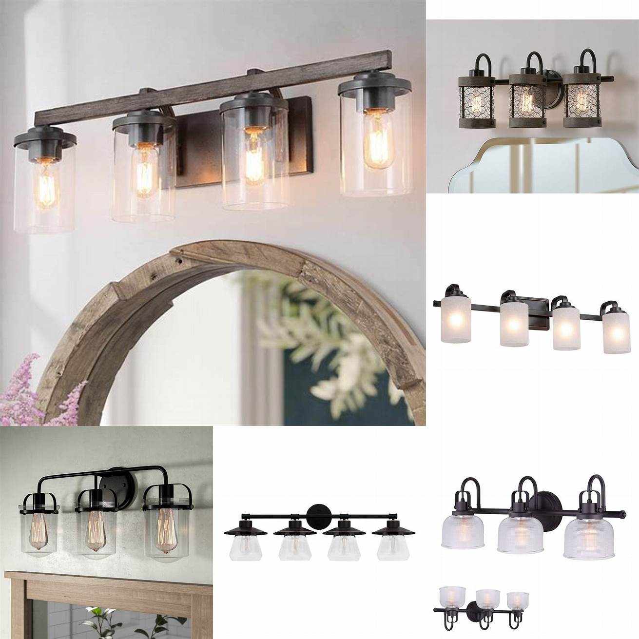 This modern farmhouse oil rubbed bronze vanity light features a shiplap-style backplate and clear glass shades