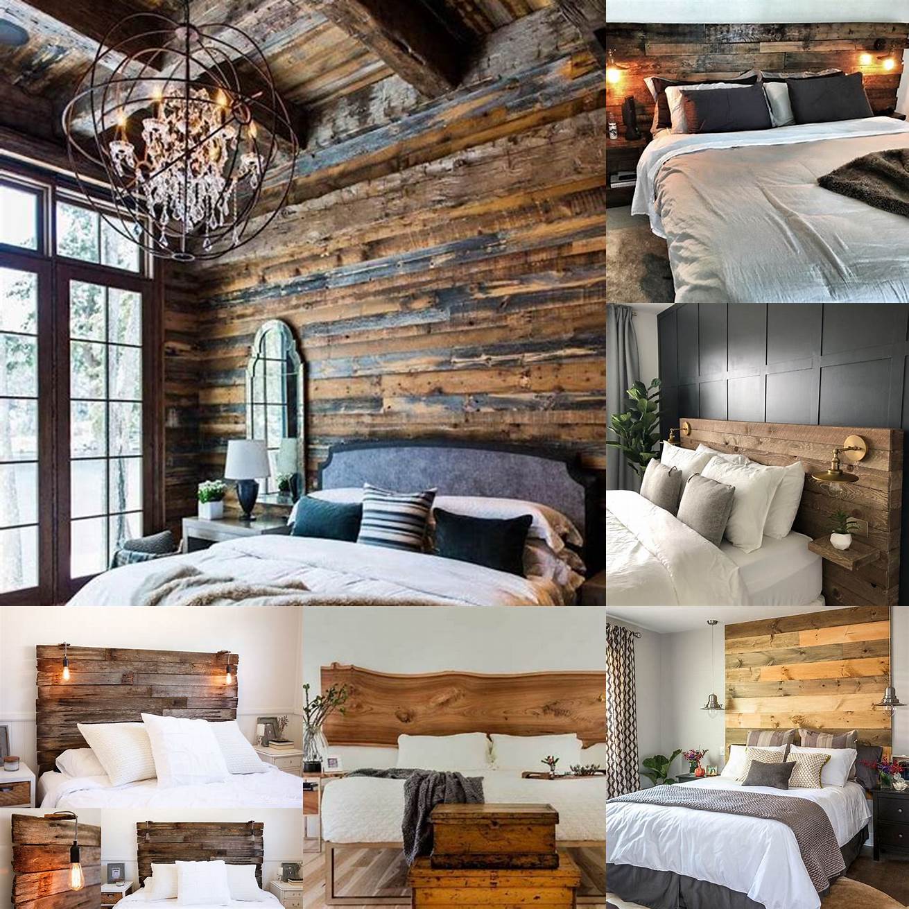 This rustic modern bedroom features a natural wood headboard clean white bedding and industrial-style lighting