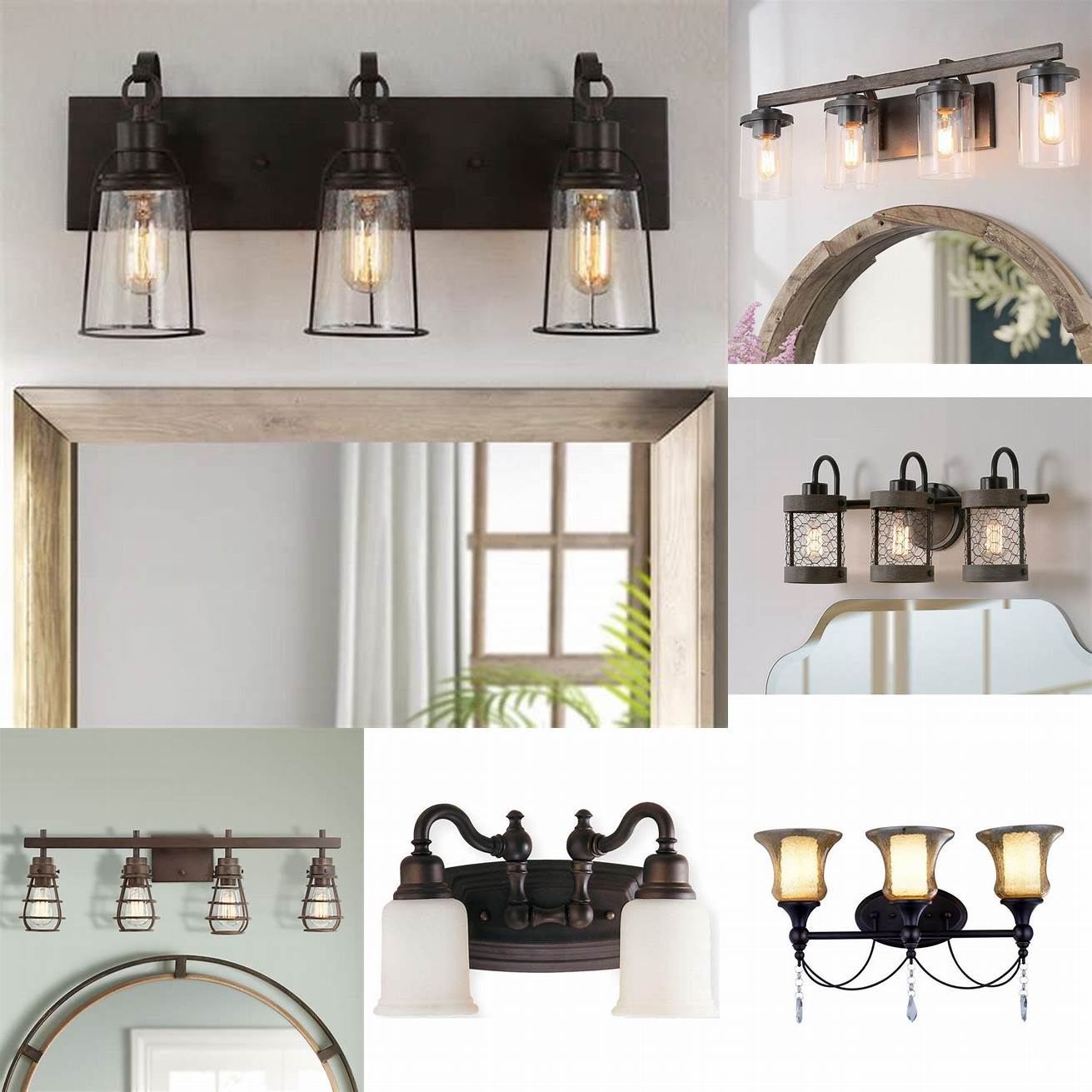 This rustic oil rubbed bronze vanity light features a wood accent and seeded glass shades