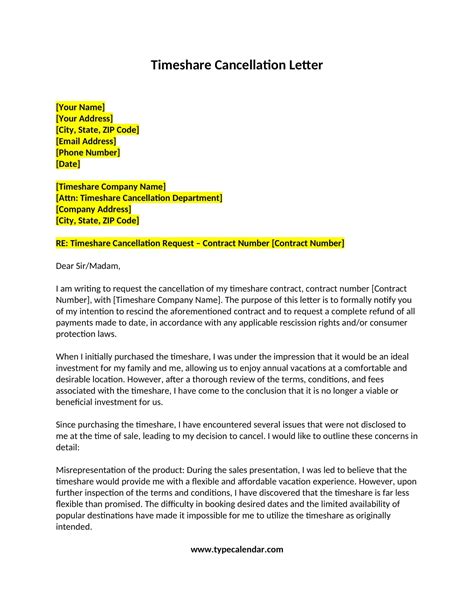 Timeshare Cancellation Letter Template Word