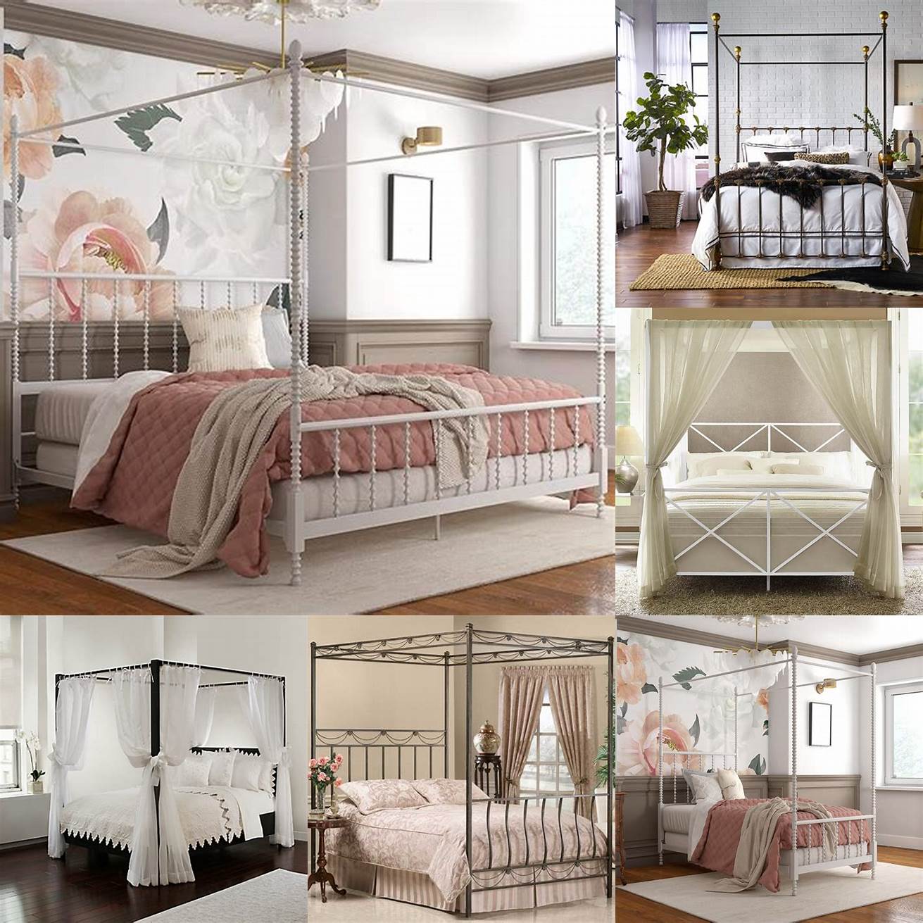 Traditional metal canopy bed with white bedding