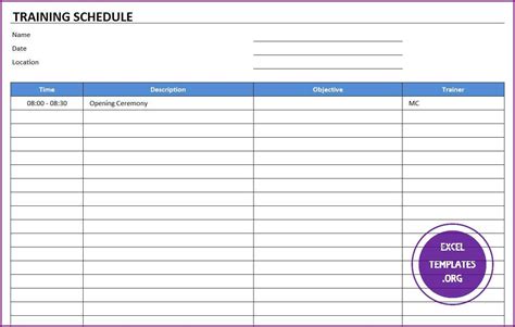Training Timetable Template Excel