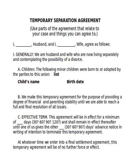 Trial Separation Agreement Template