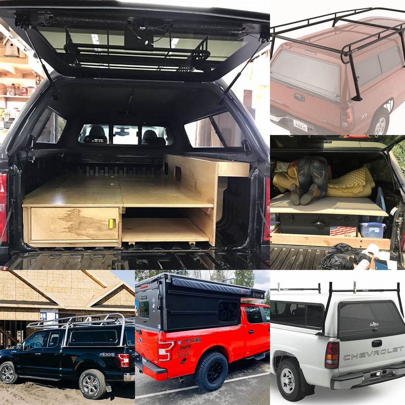 Truck with hardtop camper shell and built-in storage racks