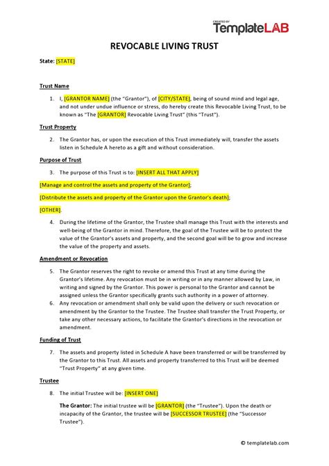 Trust Schedule A Template