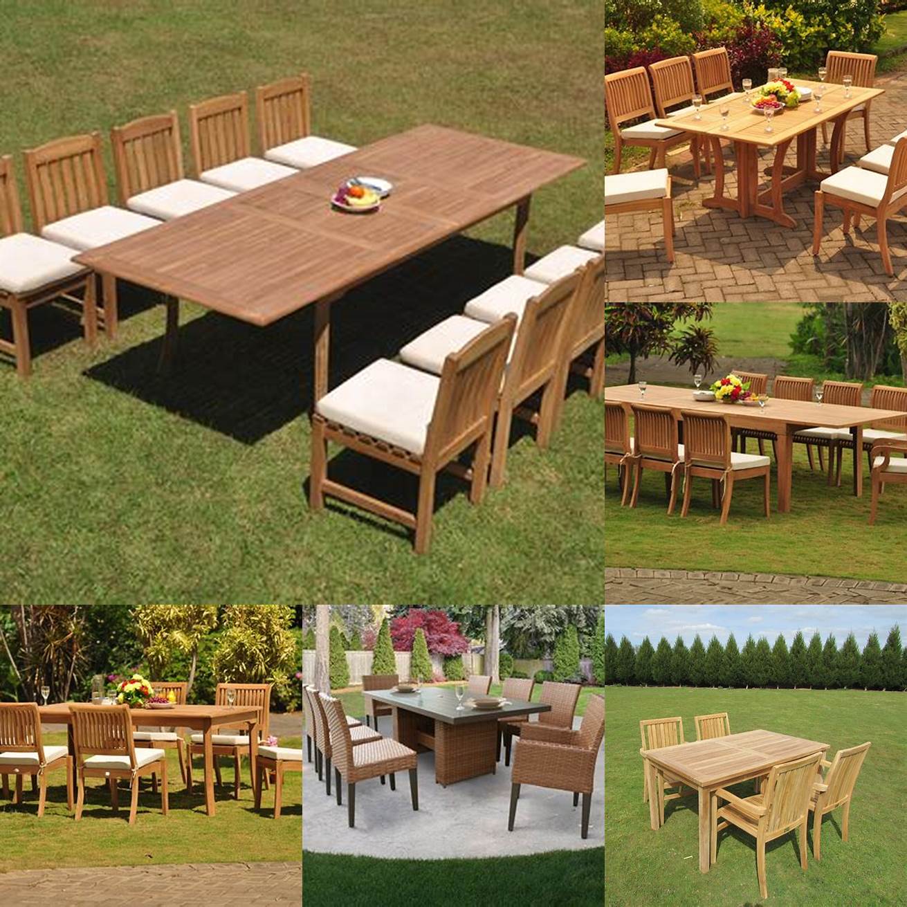 Two armless chairs and a bench around a rectangular teak outdoor table