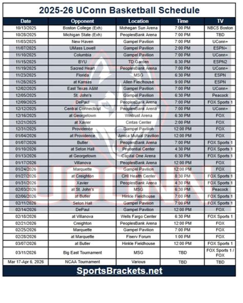 Uconn Men's Basketball Printable Schedule
