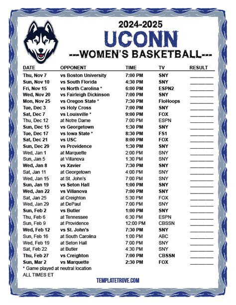 Uconn Womens Basketball Printable Schedule