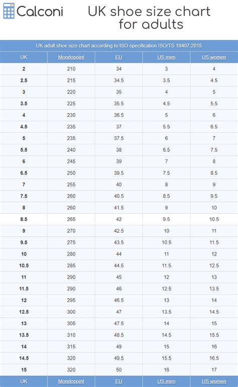 Uk Size Chart In Cm Shoes