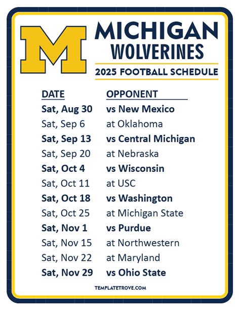 University Of Michigan Football Schedule Printable
