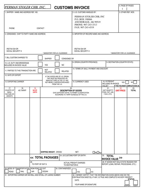 Us Customs Commercial Invoice Template