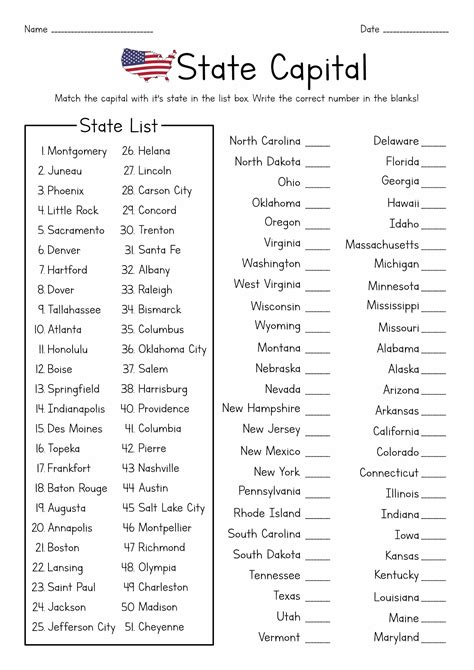 Us States And Capitals Test Printable