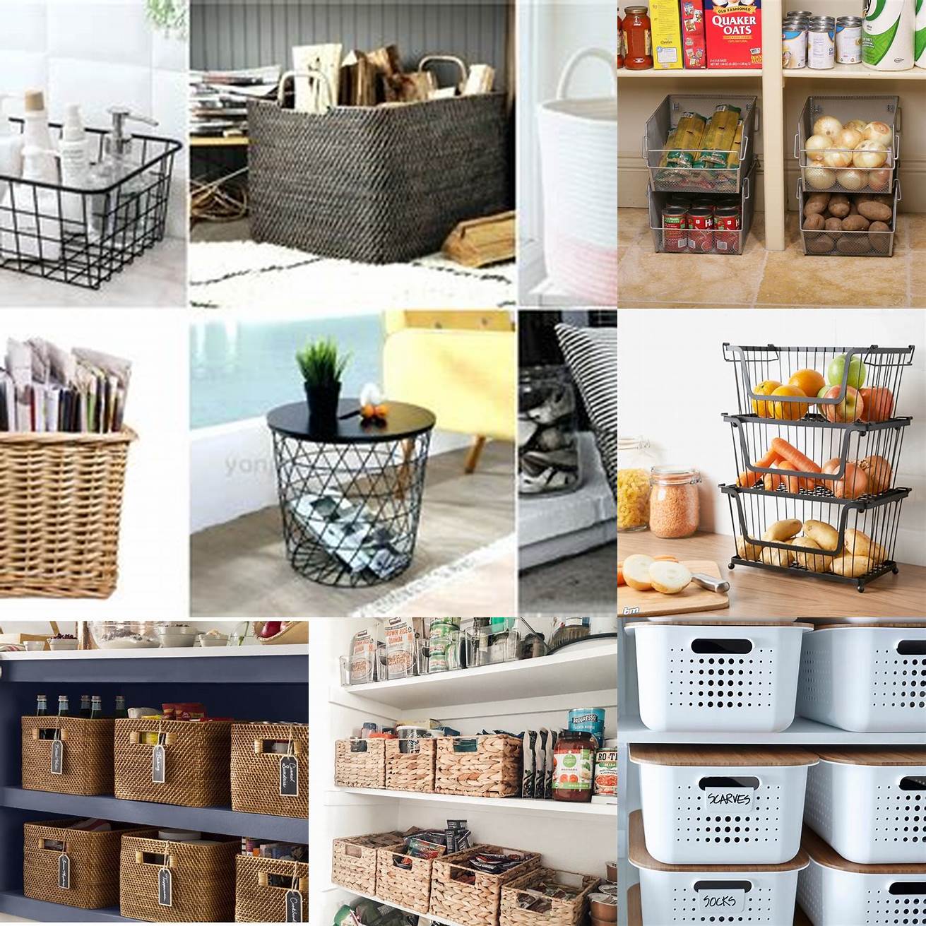 Use baskets and bins to store items