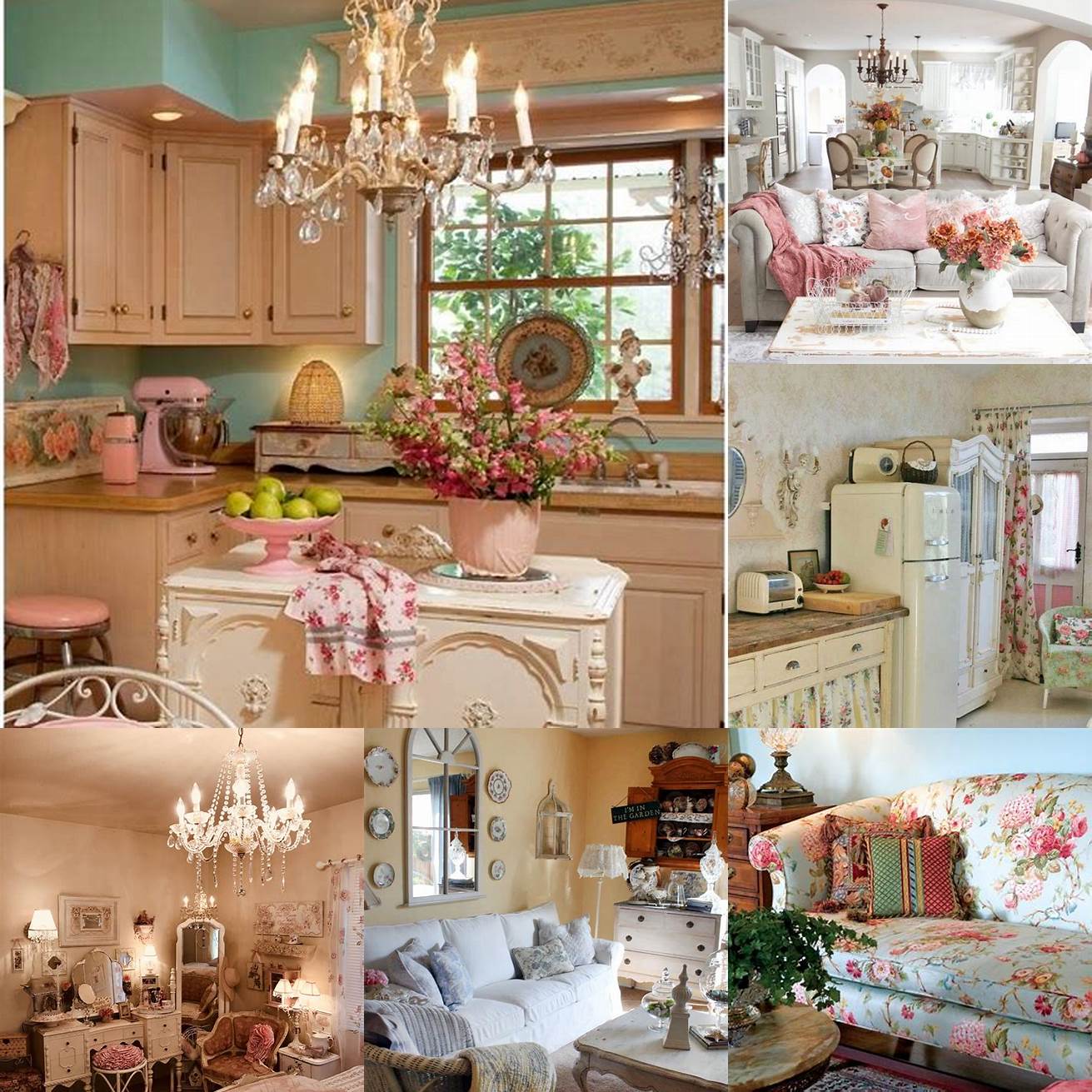 Use soft pastel colors and floral patterns to create a vintage shabby-chic look