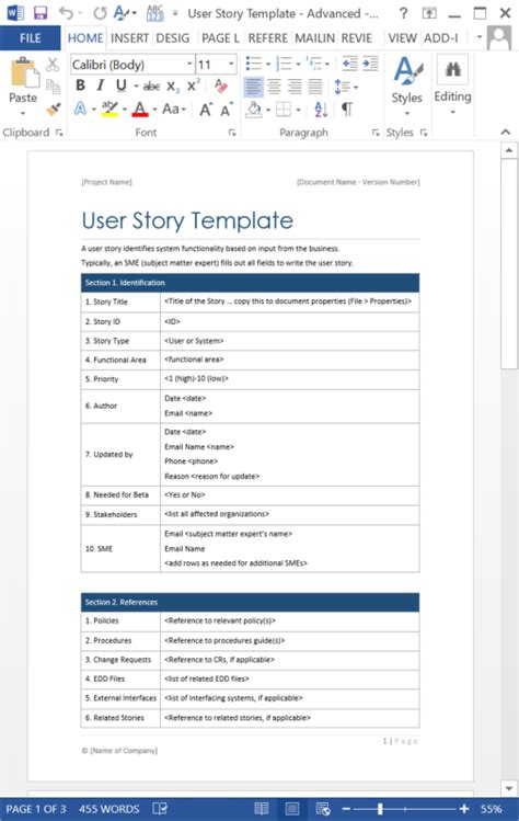 User Story Template Word