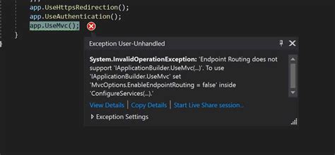 Using UseMvc to configure MVC is not supported while using Endpoint Routing