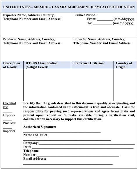 Usmca Certificate Template