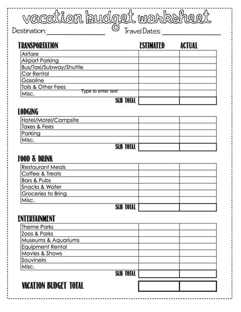 Vacation Budget Template