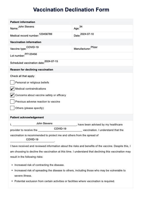 Vaccine Declination Form Template