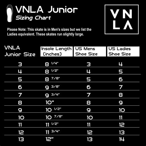 Vanilla Skate Size Chart