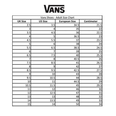 Vans Size Chart Cm