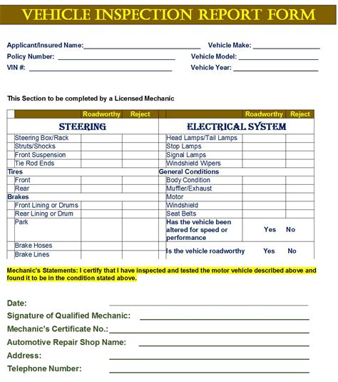 Vehicle Inspection Form Template
