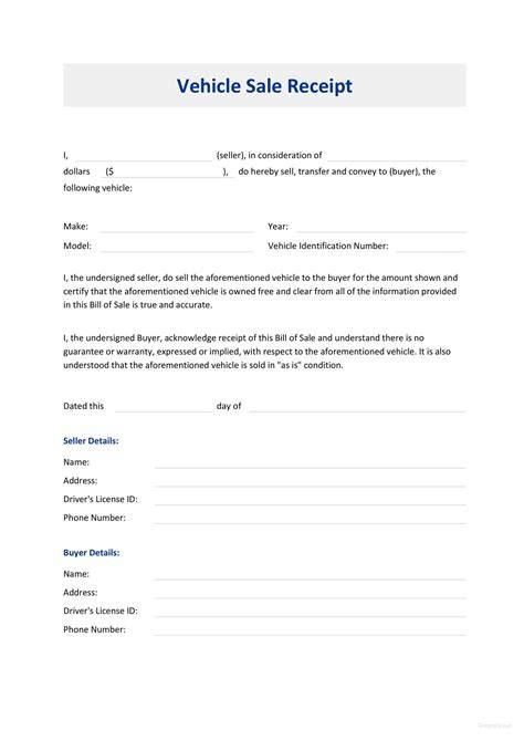 Vehicle Receipt Of Sale Template